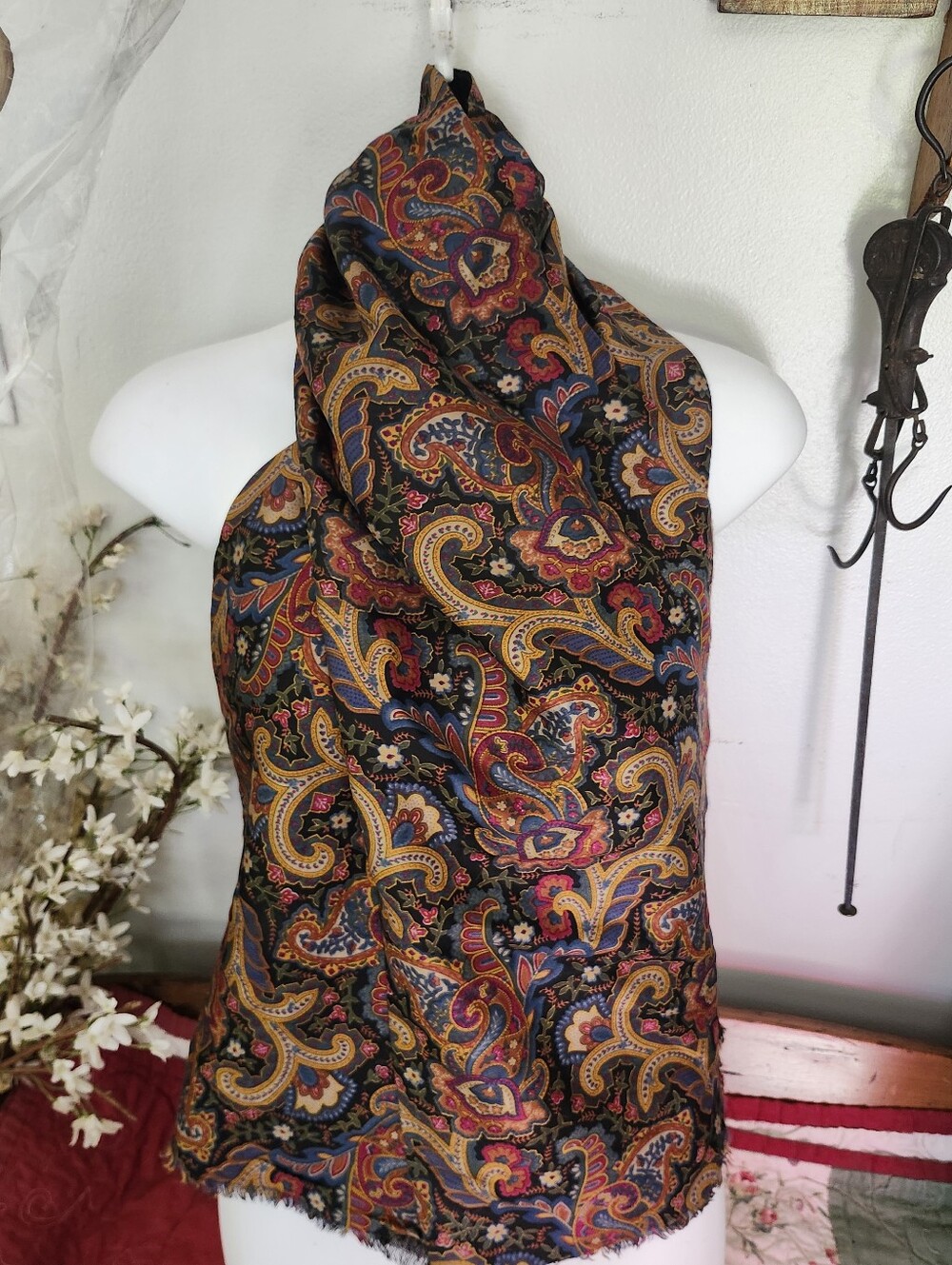 Saldarini Silk Paisley Multicolor Scarf Wool Backing Oblong Straight
